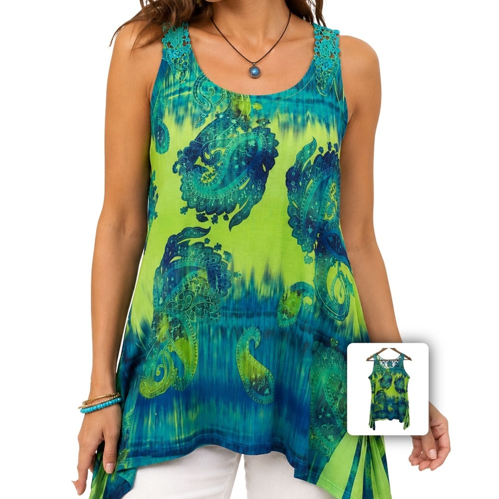 Only Nine Womens Paisley Tunic Tank Crochet Sharkbite Hem Boho Top L